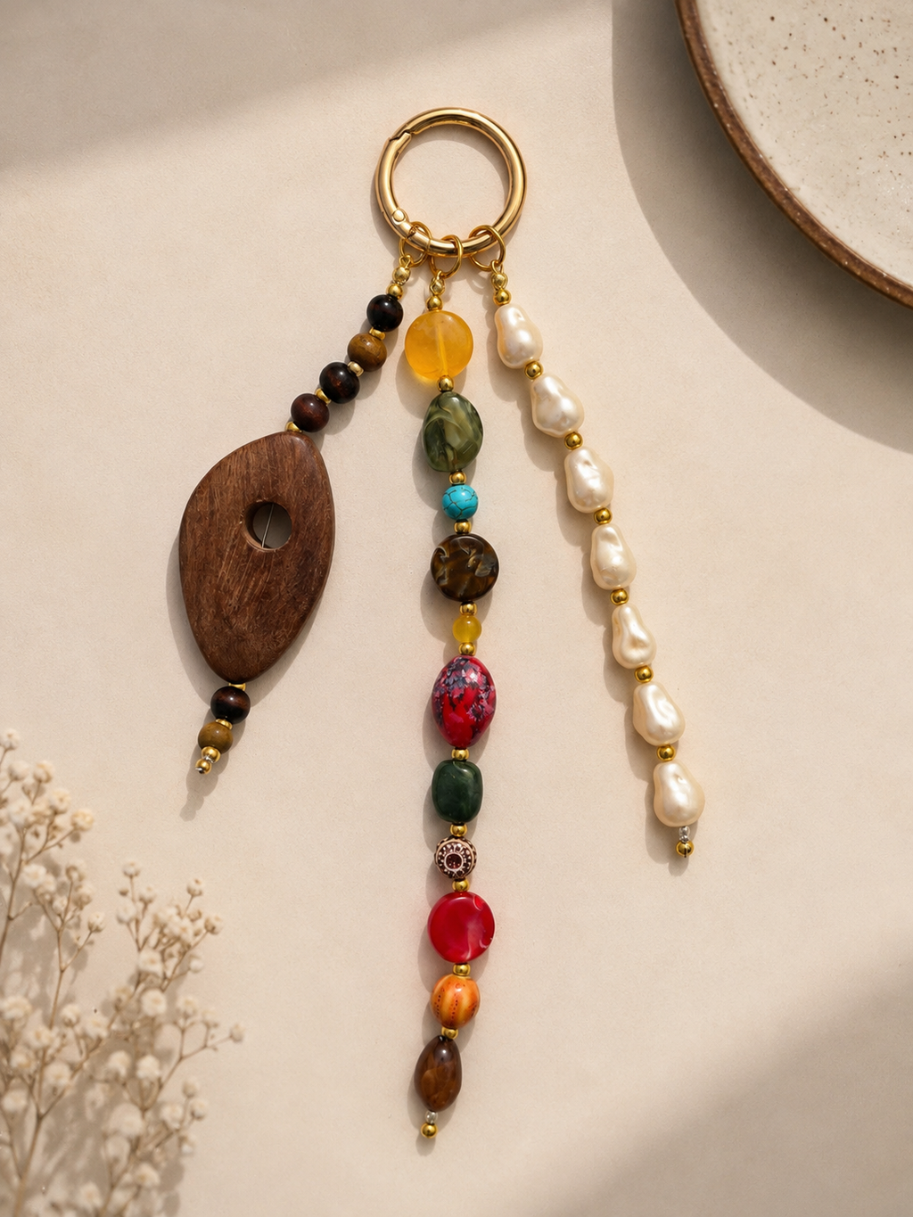 Multicolor Pearl Wood Beaded Bag Keychain with Gold Ring