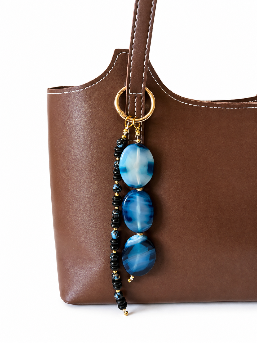 Blue Black Double Strand Beaded Bag Keychain with Gold Ring