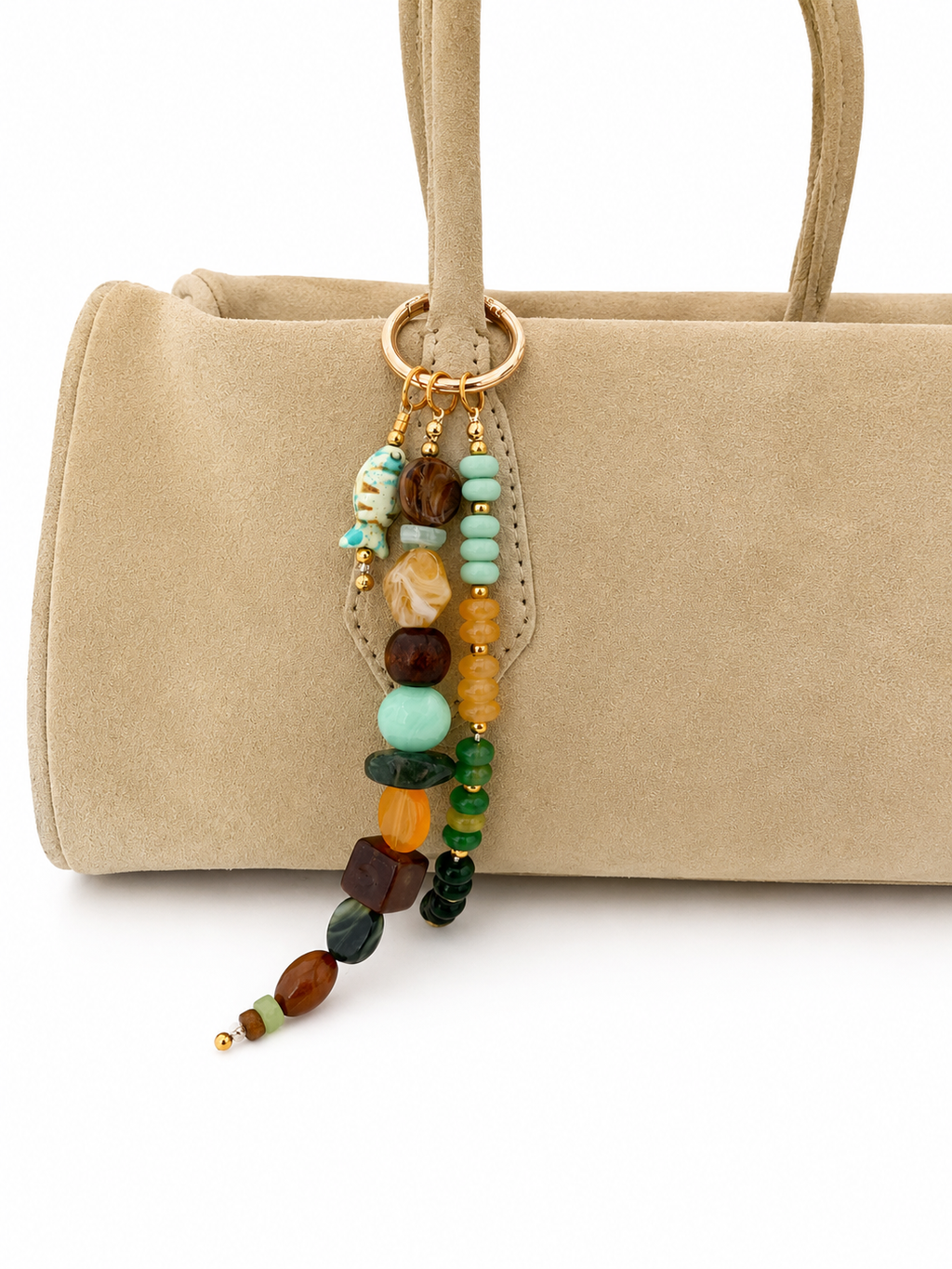 Green Brown Beaded Fish Charm Bag Keychain with Gold Ring