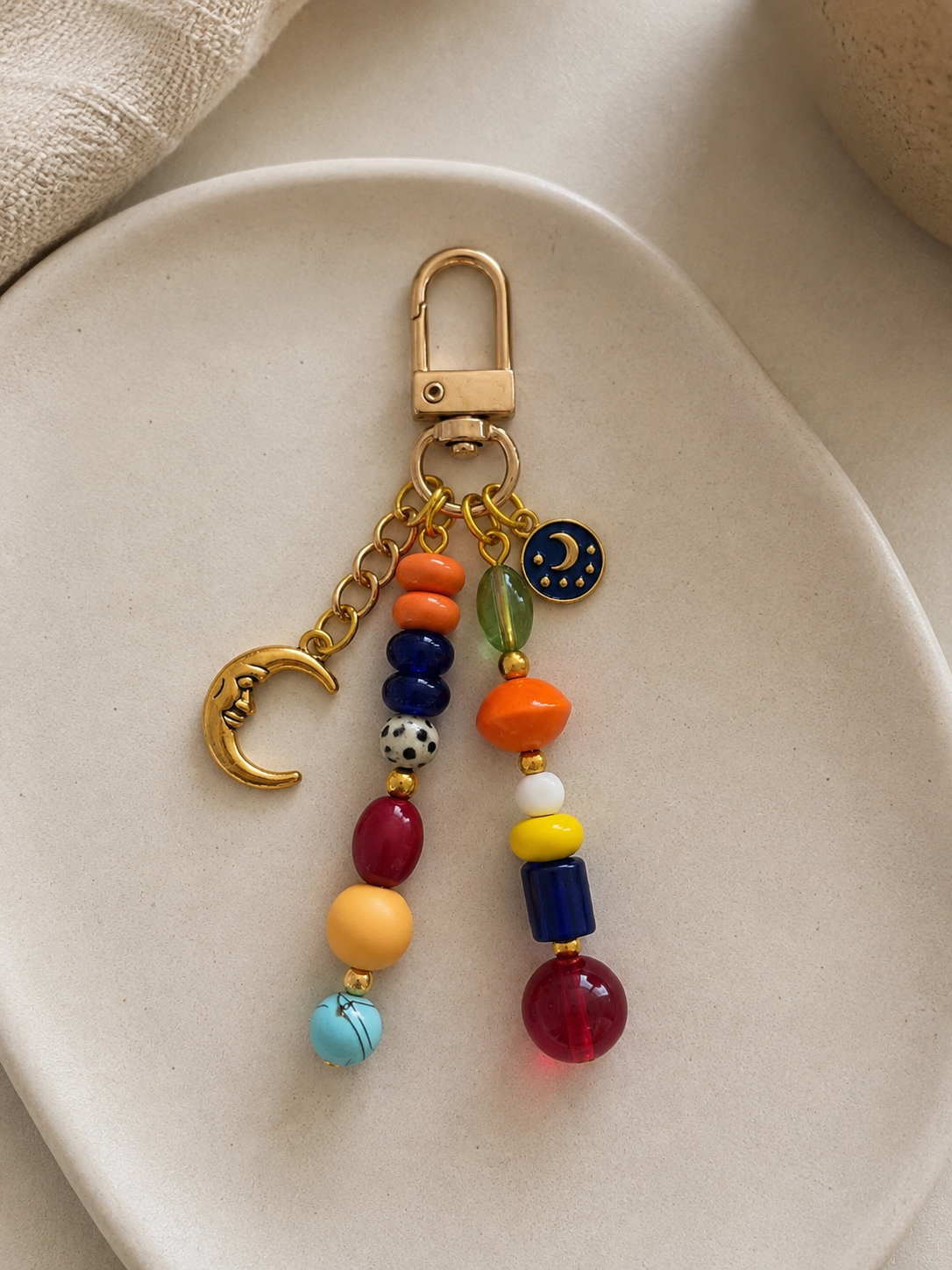 Multicolor Moon Charm Beaded Bag Keychain with Gold Clip