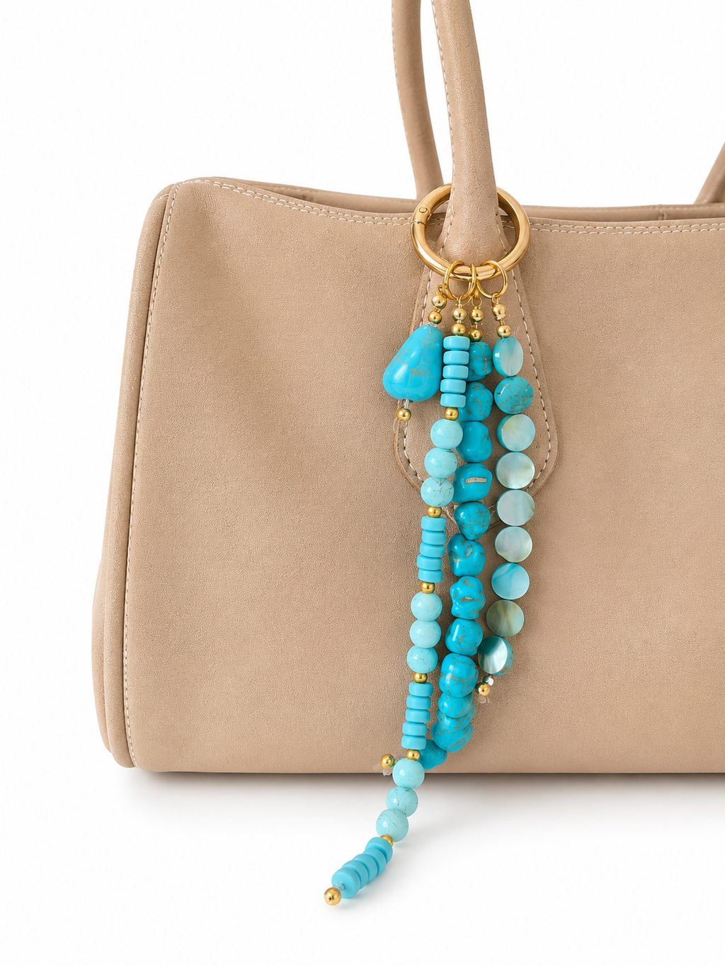 Turquoise Blue Four Strand Beaded Bag Keychain Gold Ring