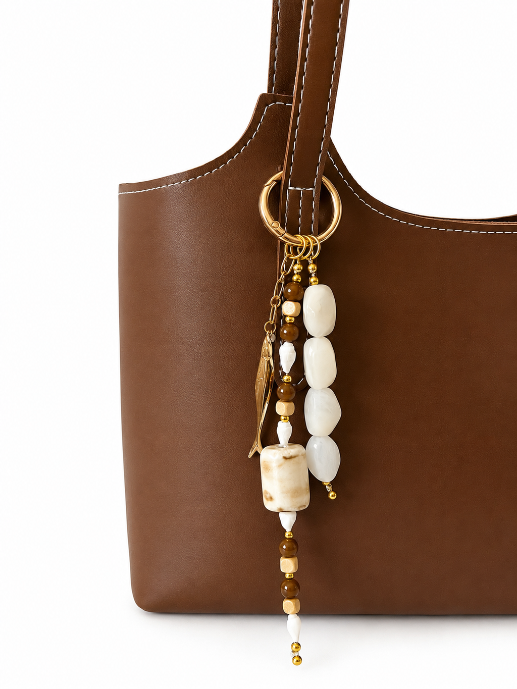 White Beaded Fish Charm Bag Keychain with Gold Ring Clip