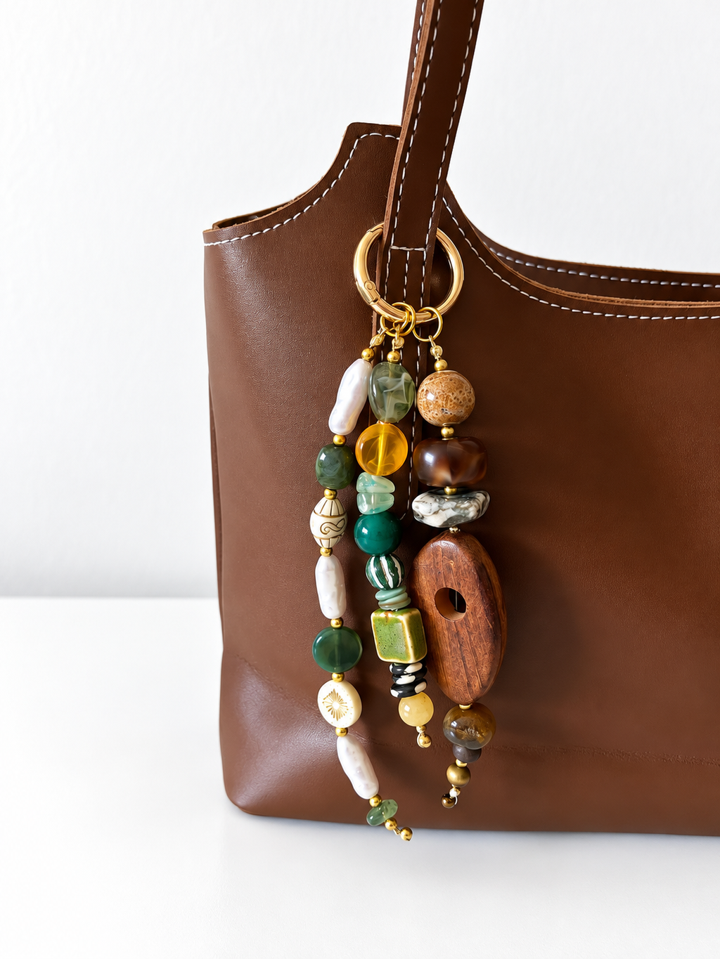 Wood & Green Beaded Keychain Statement Bag Charm