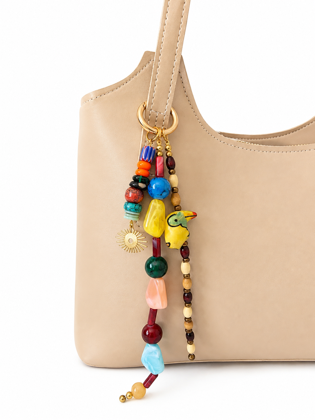 Multicolor Sun Charm Three Strand Beaded Bag Keychain Gold Ring