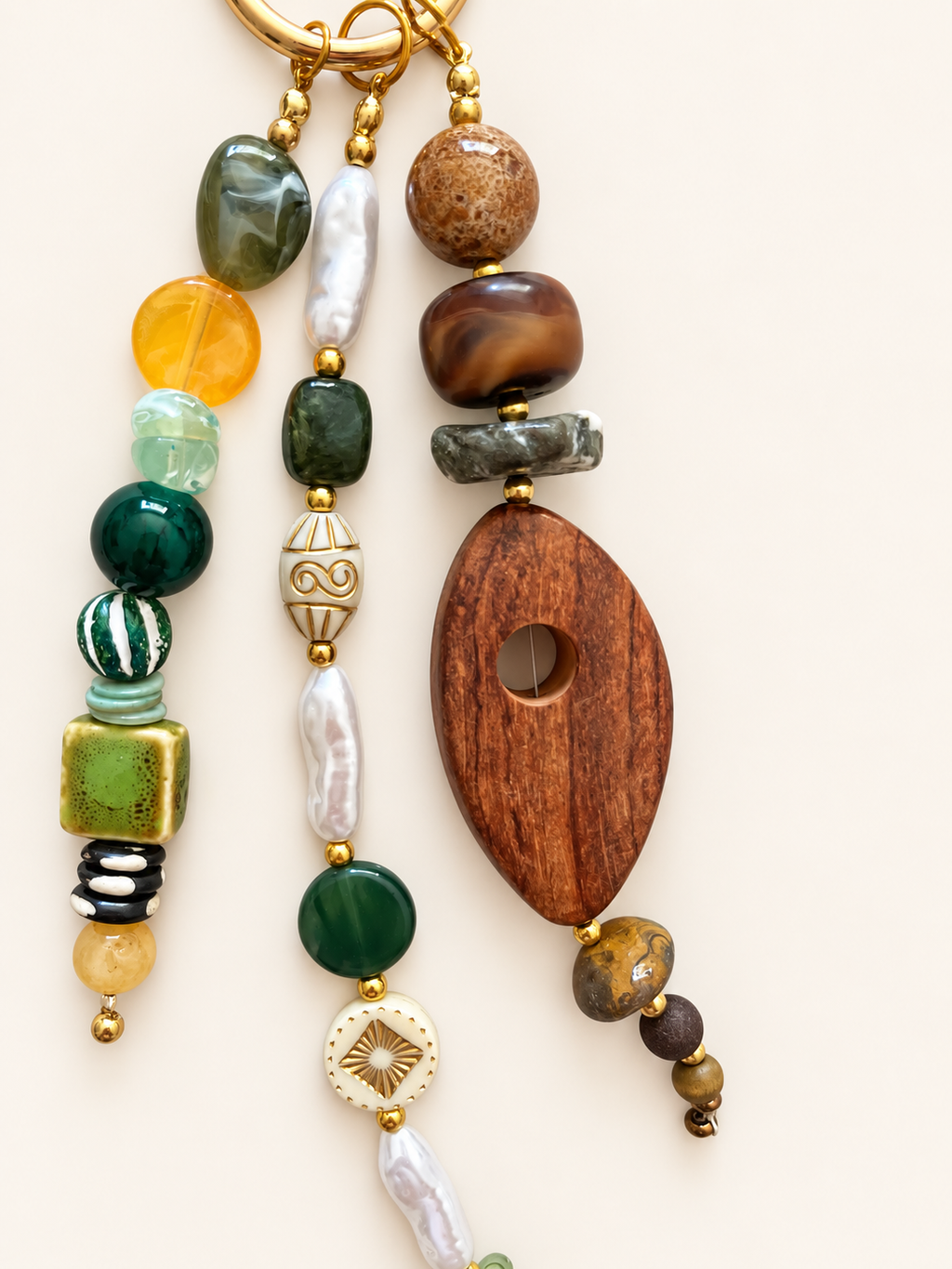 Wood & Green Beaded Keychain Statement Bag Charm
