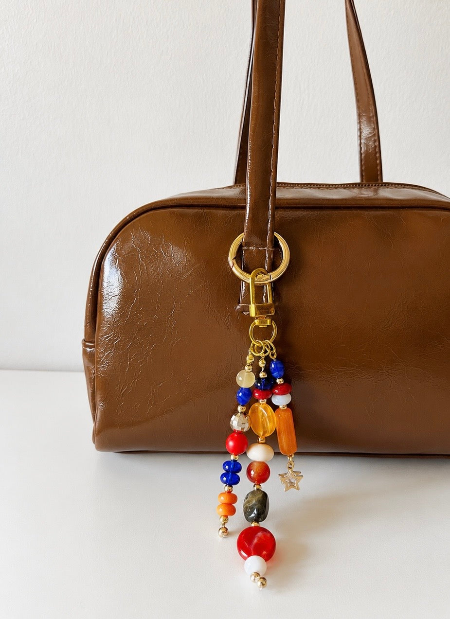 Multicolor Star Charm Three Strand Beaded Bag Keychain Gold Clip