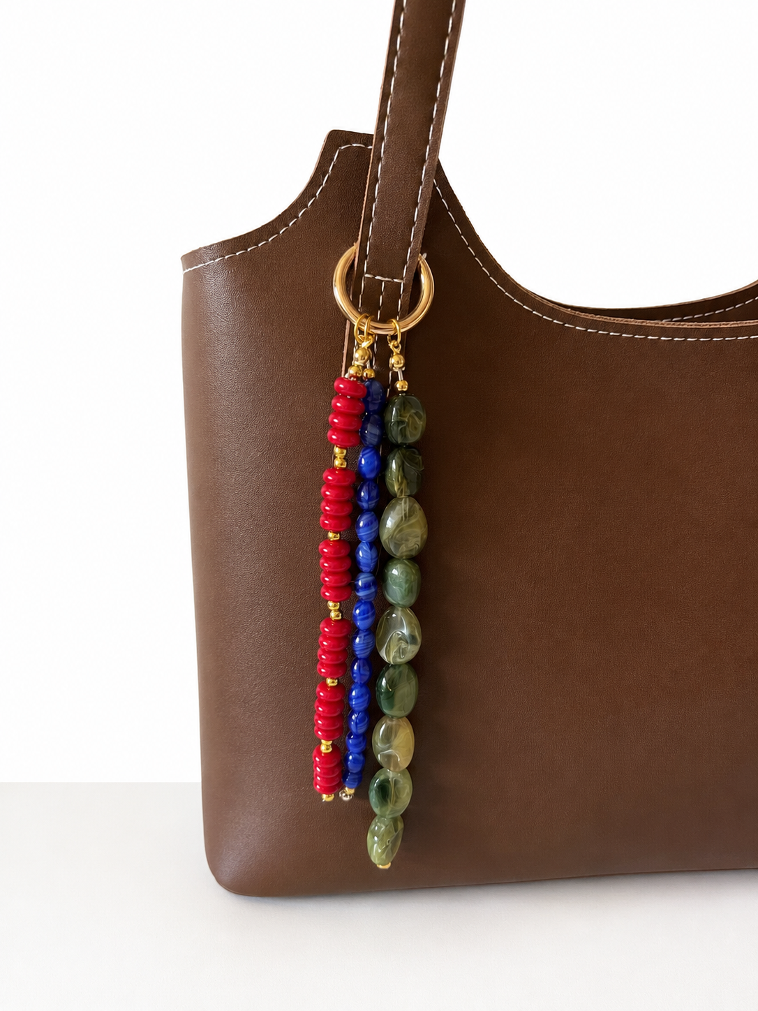 Green Red Blue Three Strand Beaded Bag Keychain Gold Ring