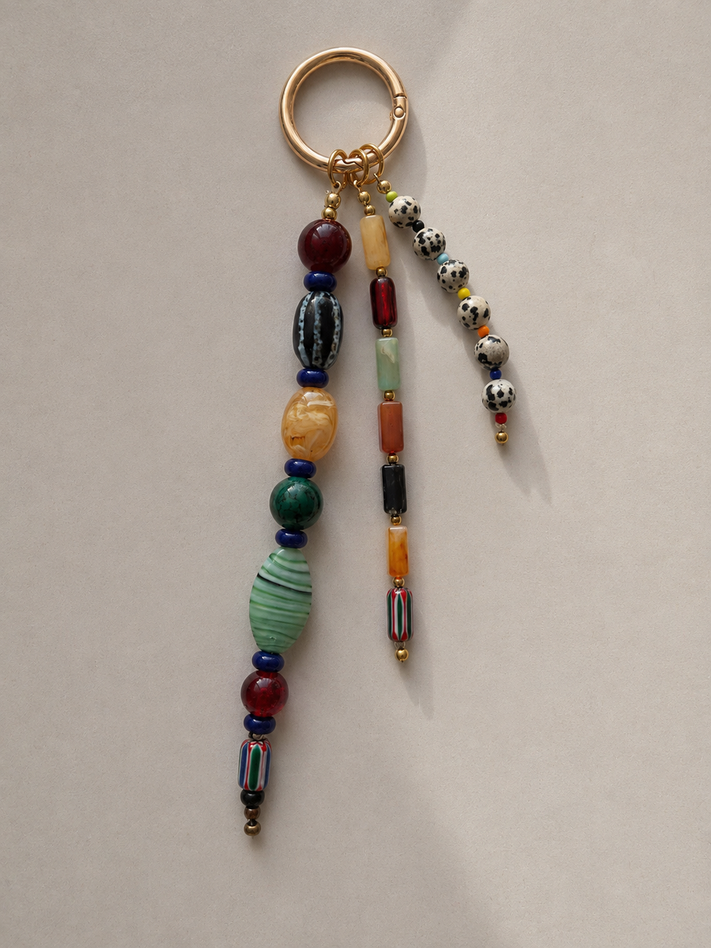 Multicolor Three Strand Beaded Bag Keychain with Gold Ring