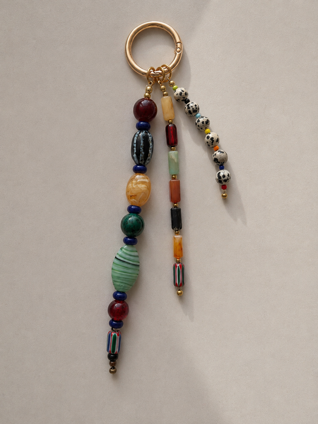 Multicolor Three Strand Beaded Bag Keychain with Gold Ring