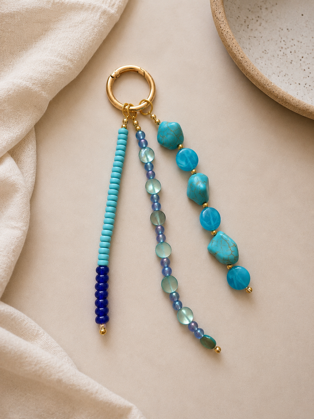 Turquoise Blue Three Strand Beaded Bag Keychain Gold Ring