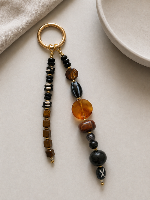 Black Brown Double Strand Beaded Bag Keychain with Gold Ring