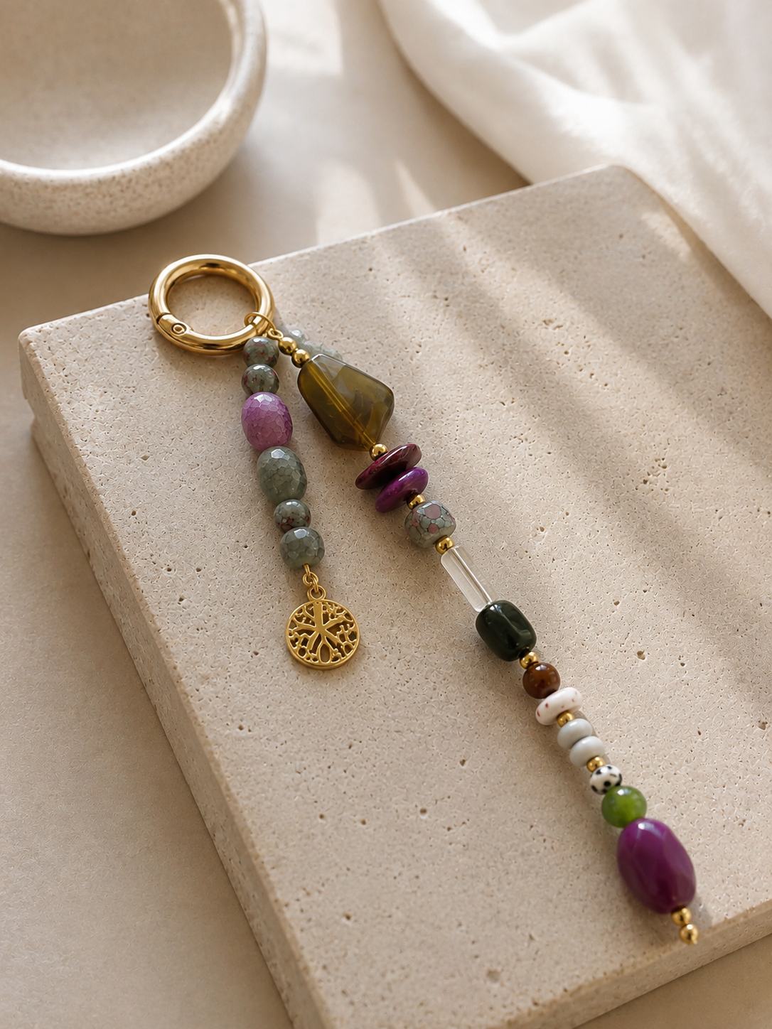 Purple Green Beaded Starfish Charm Bag Keychain with Gold Ring