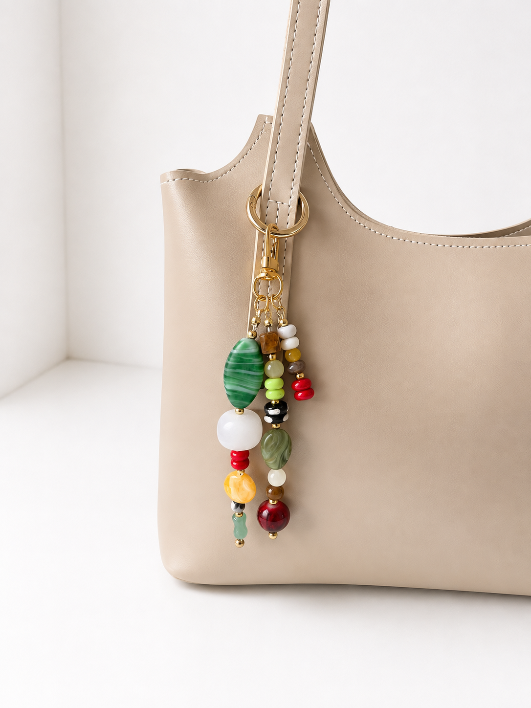 Green Multicolor Three Strand Beaded Bag Keychain Gold Clip