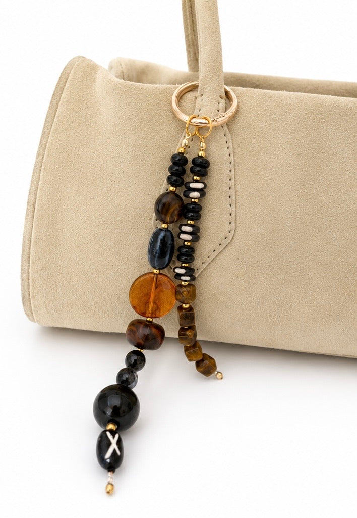 Black Brown Double Strand Beaded Bag Keychain with Gold Ring