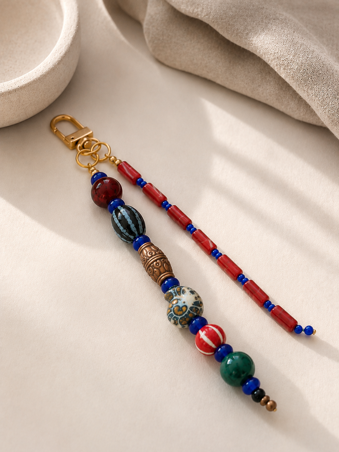 Red Blue Double Strand Beaded Bag Keychain with Gold Clip