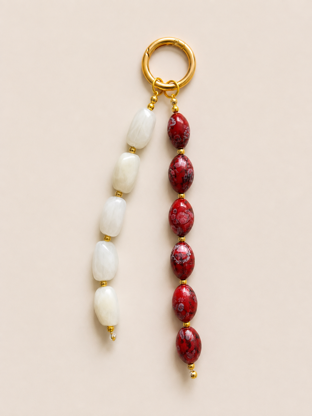 Red and White Double Strand Beaded Bag Keychain with Gold Ring