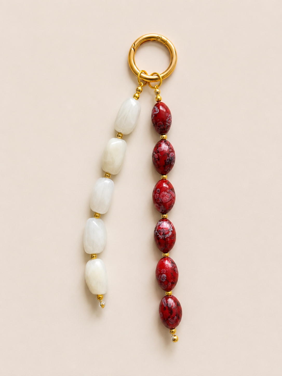 Red and White Double Strand Beaded Bag Keychain with Gold Ring