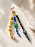 Yellow Blue Black Three Strand Beaded Bag Keychain Gold Clip