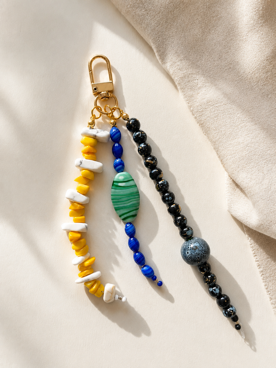 Yellow Blue Black Three Strand Beaded Bag Keychain Gold Clip