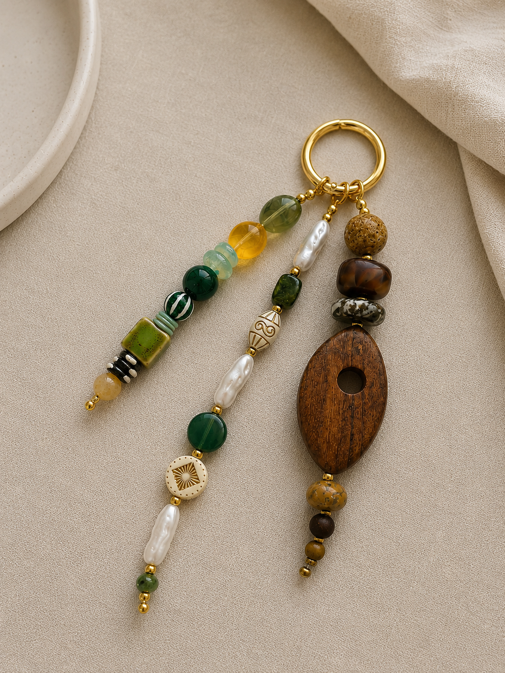 Wood & Green Beaded Keychain Statement Bag Charm