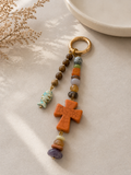 Orange Cross Fish Charm Beaded Bag Keychain with Gold Ring