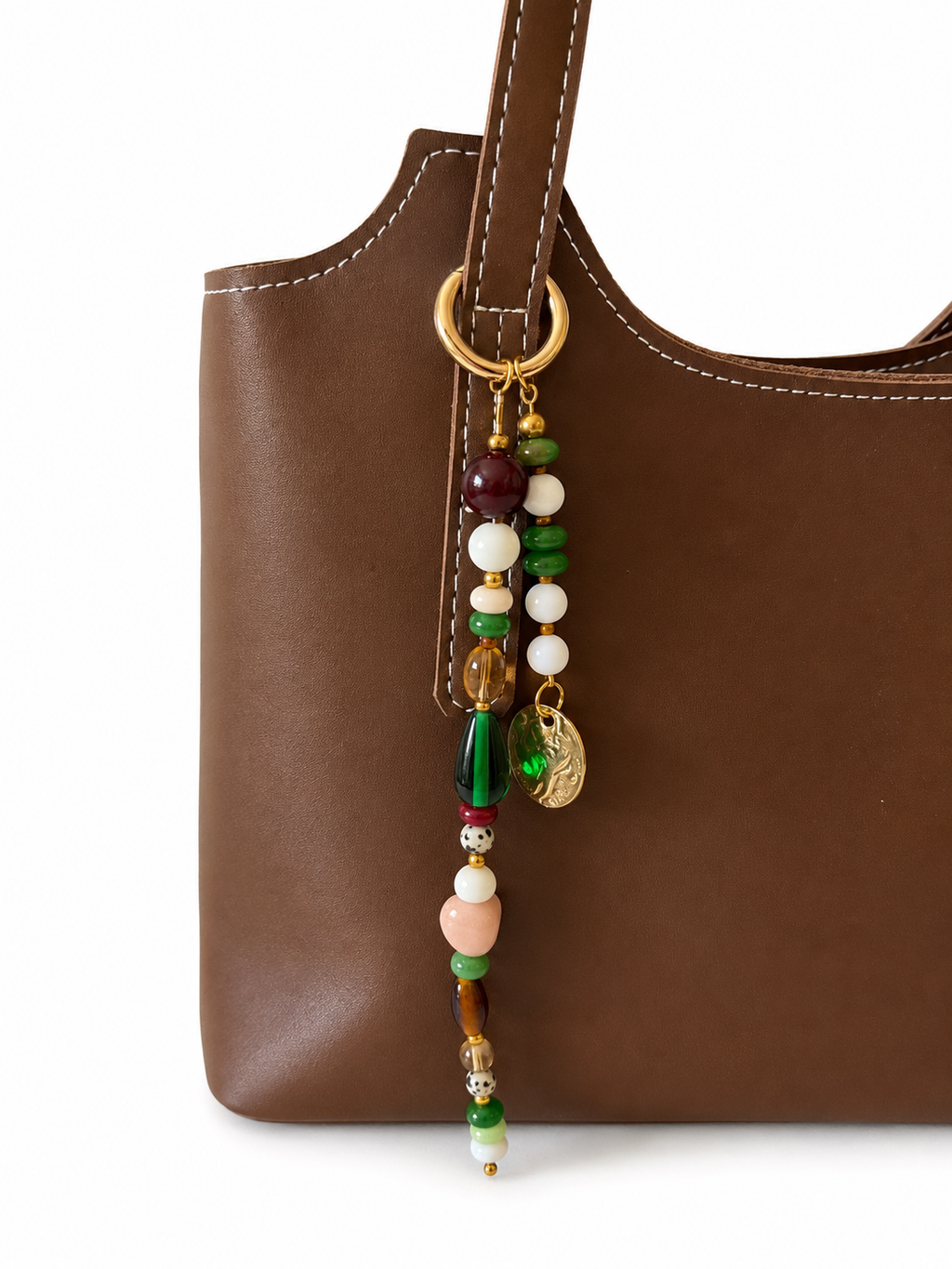 Green White Beaded Coin Charm Bag Keychain with Gold Ring
