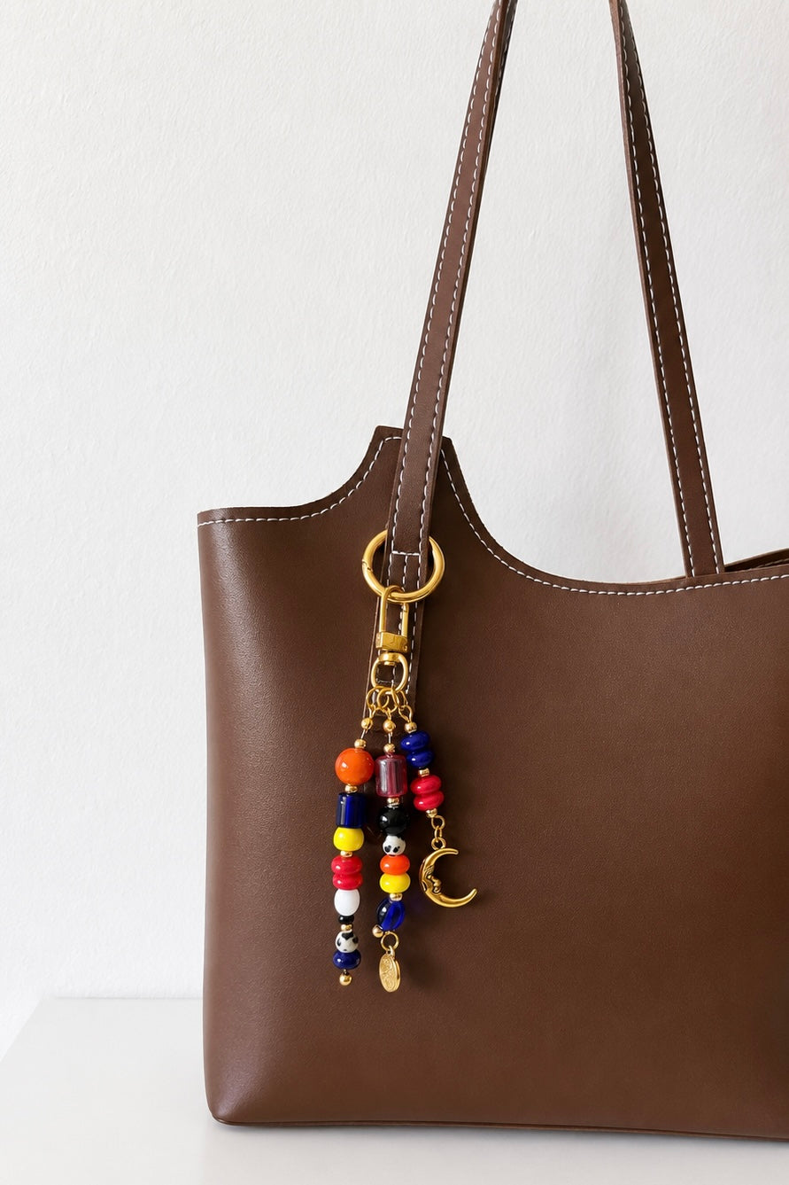 Multicolor Beaded Moon Charm Bag Keychain with Gold Clip