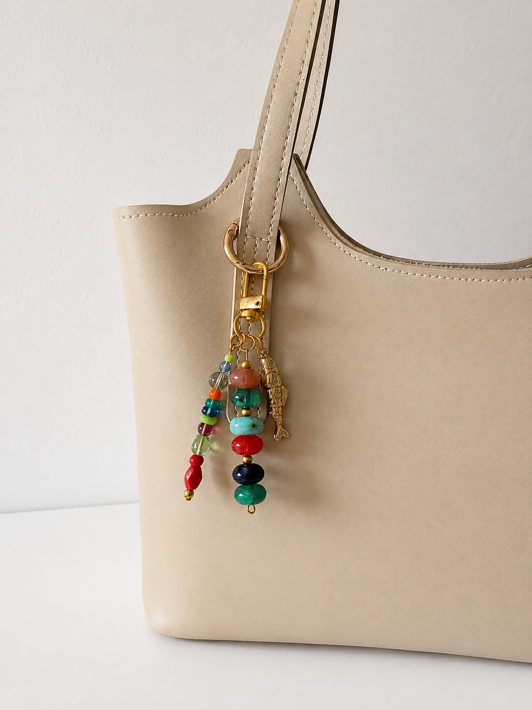 Multicolor Fish Charm Beaded Bag Keychain with Gold Clip