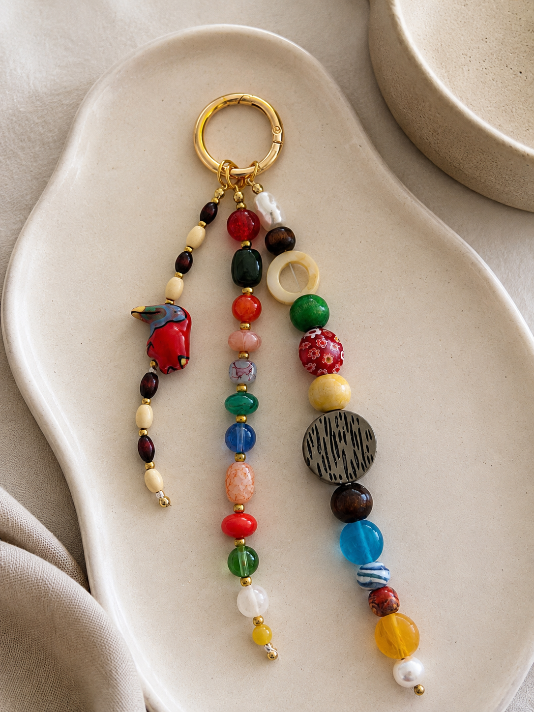 Multicolor Three Strand Beaded Bag Keychain with Gold Ring