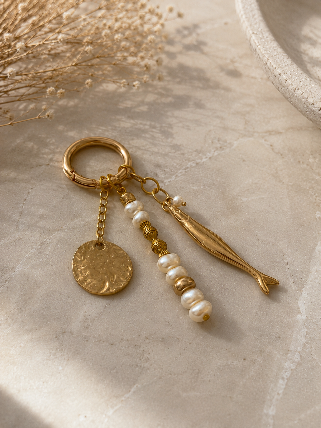 Pearl Beaded Fish Charm Bag Keychain with Gold Ring