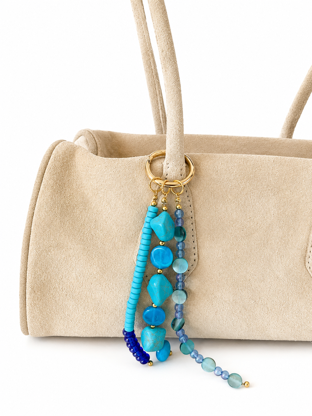 Turquoise Blue Three Strand Beaded Bag Keychain Gold Ring