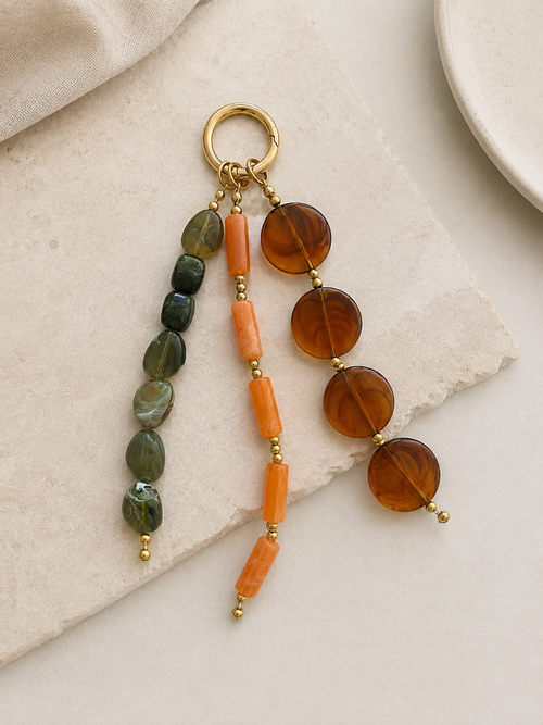 Amber Orange Green Three Strand Beaded Bag Keychain Gold Ring