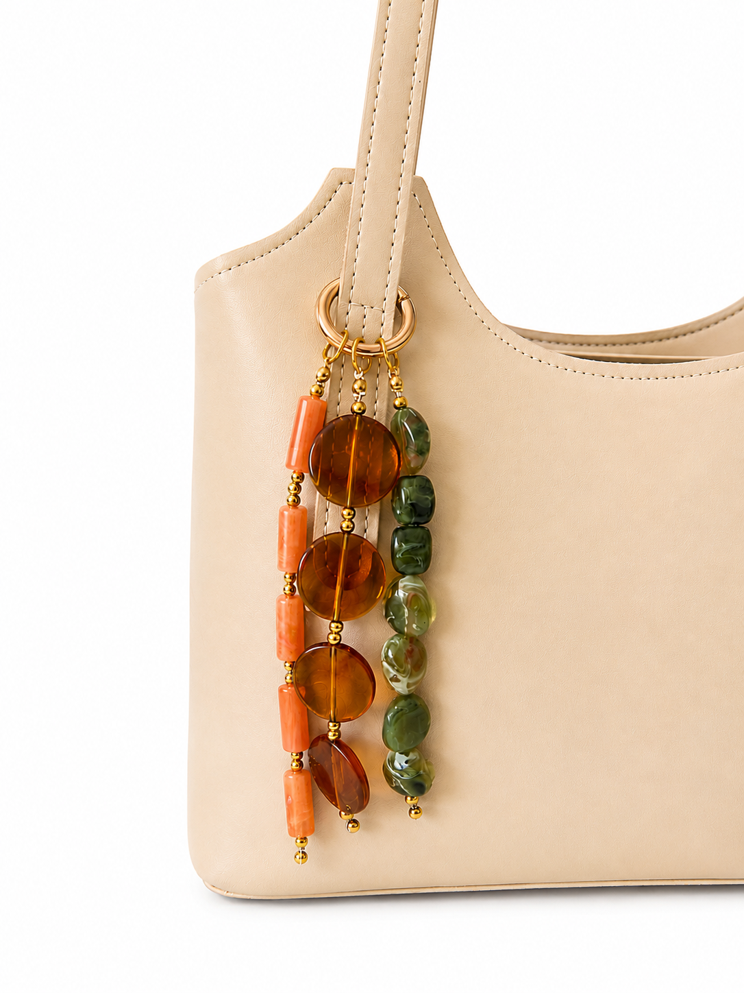 Amber Orange Green Three Strand Beaded Bag Keychain Gold Ring