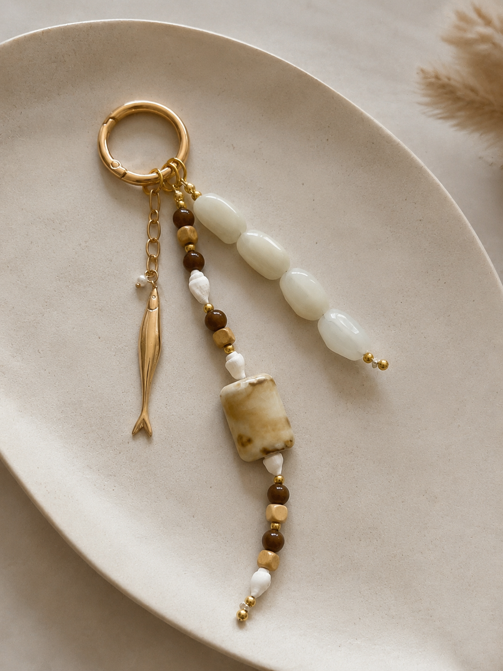 White Beaded Fish Charm Bag Keychain with Gold Ring Clip
