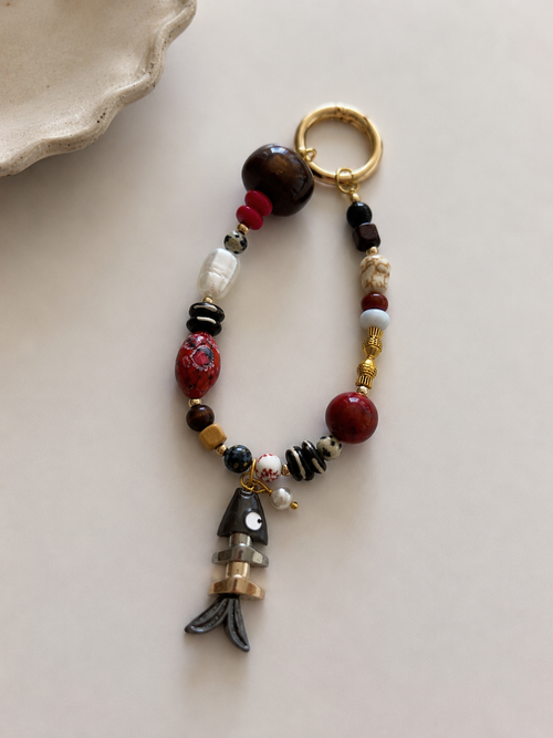 Boho Fish Charm Beaded Bag Keychain with Gold Clip