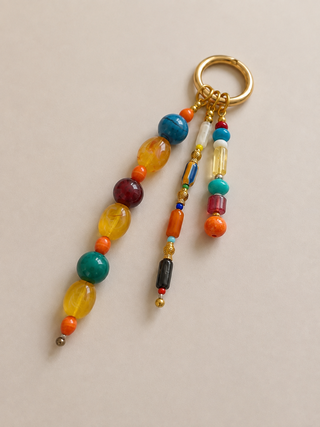 Multicolor Three Strand Beaded Bag Keychain with Gold Ring