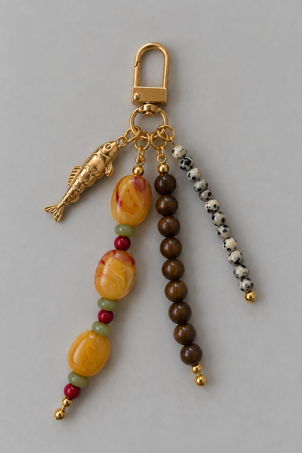 Amber Beaded Bag Charm with Gold Fish Pendant
