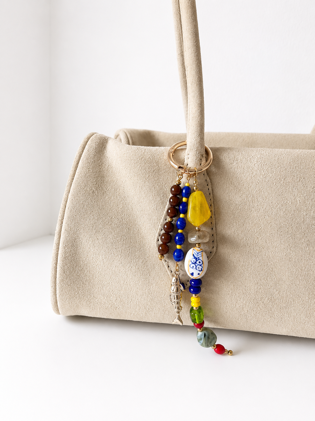 Multicolor Fish Charm Beaded Bag Keychain with Gold Ring