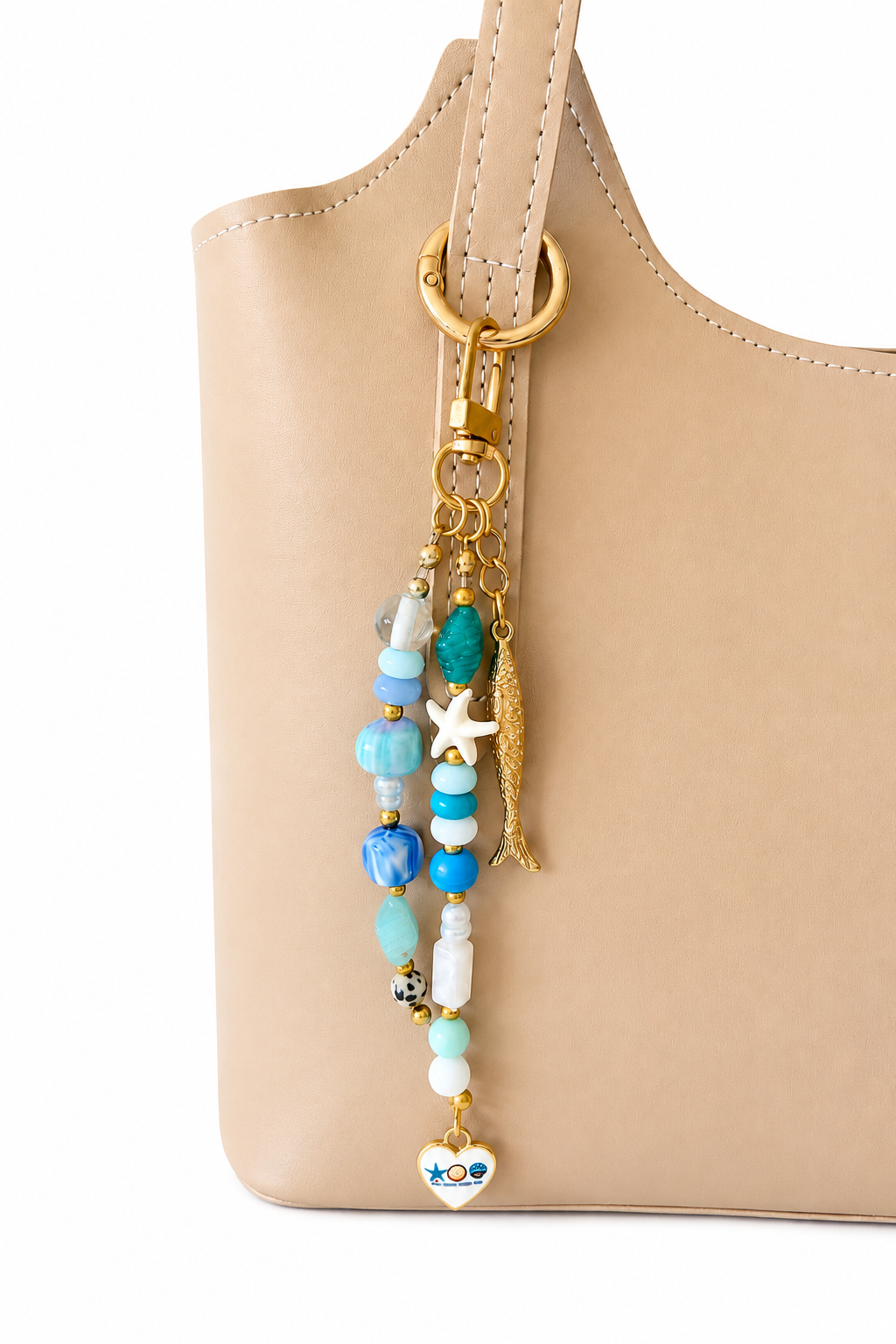 Blue Starfish Fish Charm Beaded Bag Keychain Gold Clip