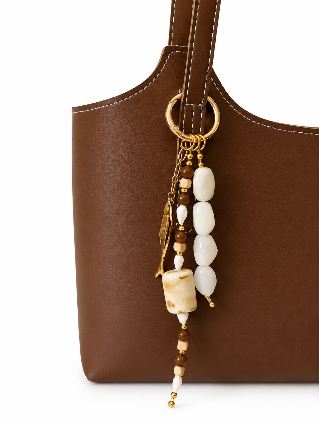 White Beaded Fish Charm Bag Keychain with Gold Ring Clip