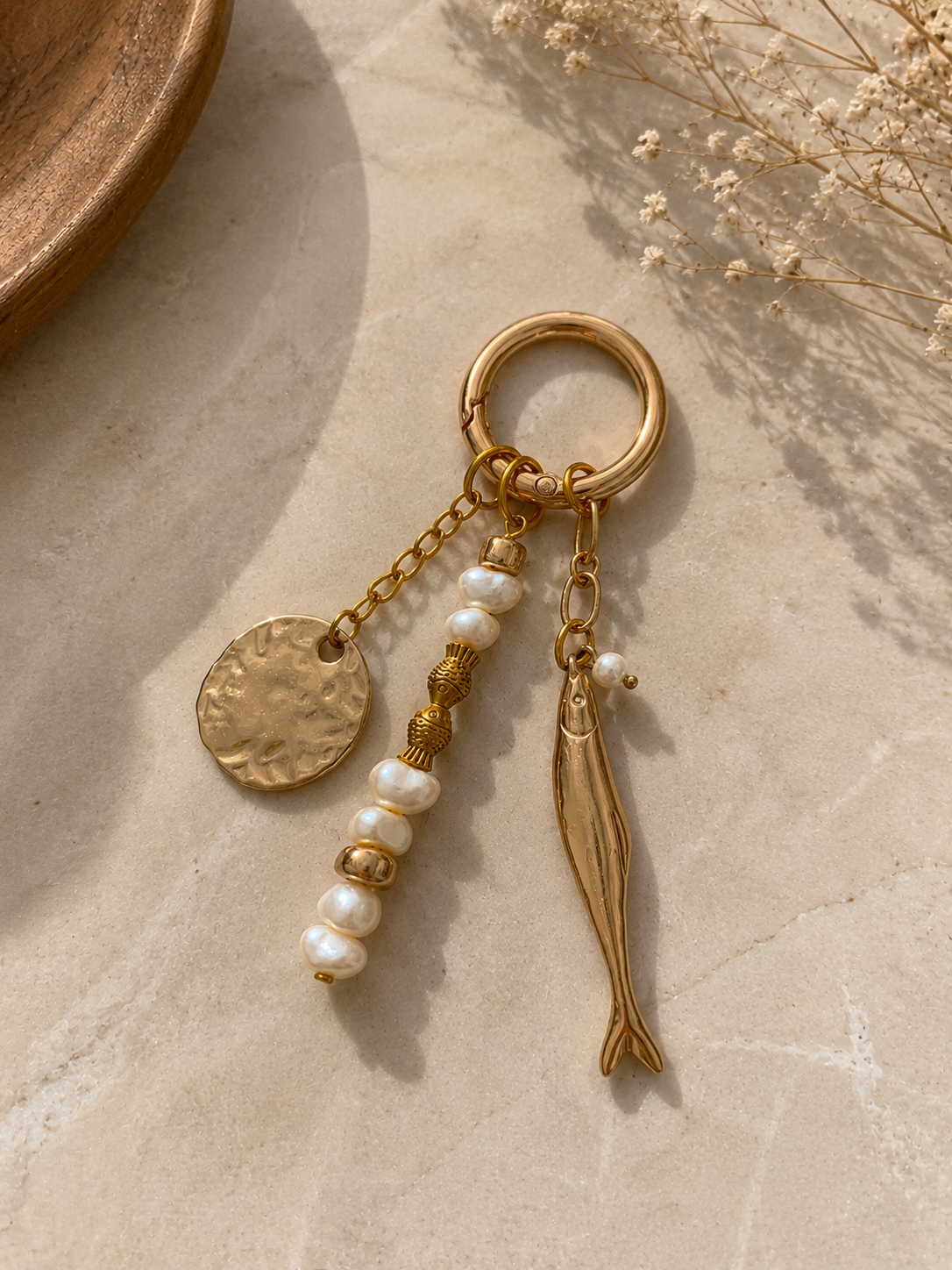 Pearl Beaded Fish Charm Bag Keychain with Gold Ring