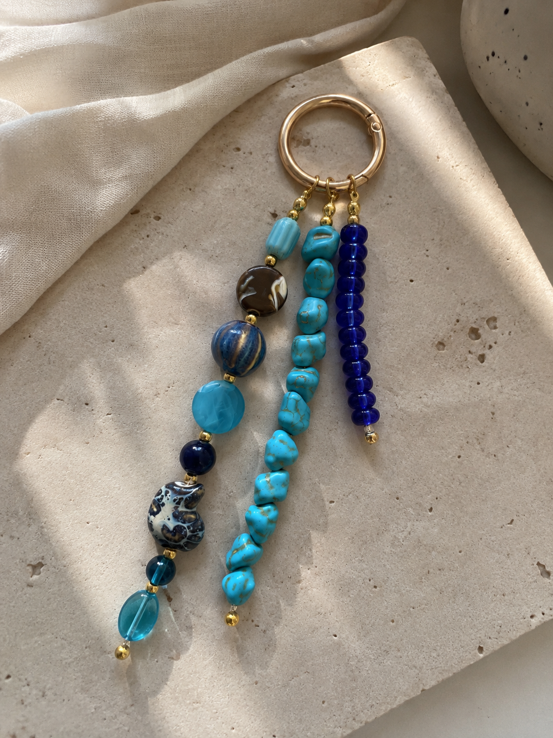 Blue Turquoise Three Strand Beaded Bag Keychain Gold Ring