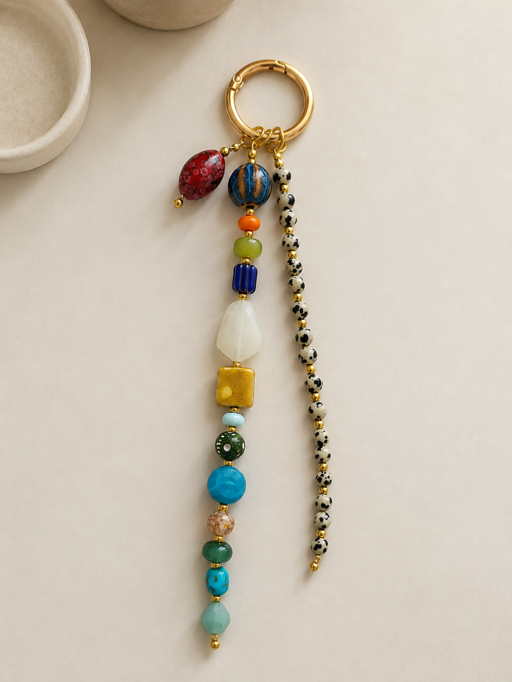 Multicolor Beaded Bag Charm Keychain with Gold Ring