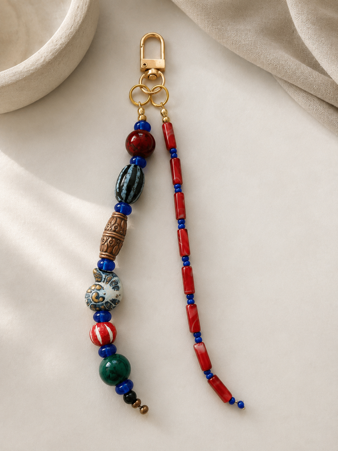 Red Blue Double Strand Beaded Bag Keychain with Gold Clip