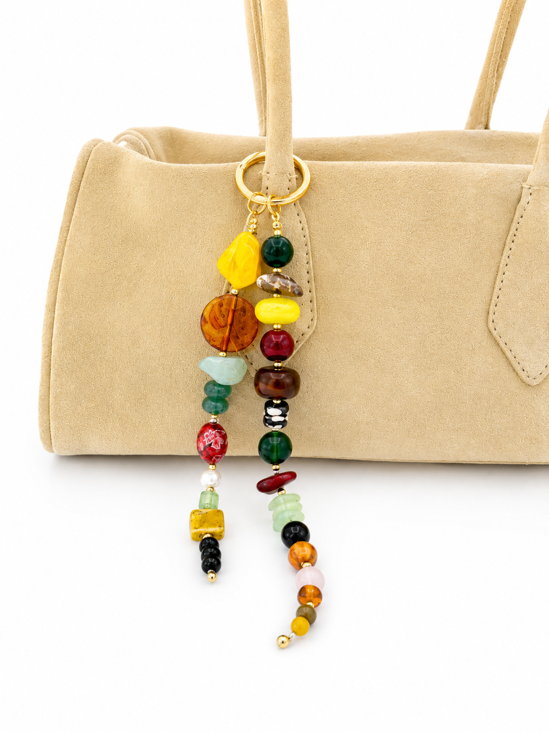 Multicolor Double Strand Beaded Bag Keychain with Gold Ring