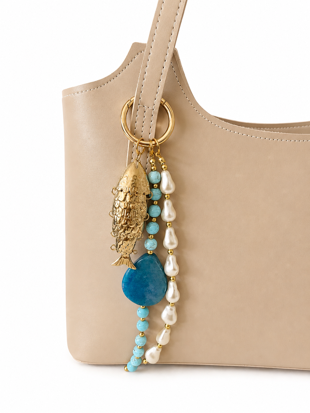 Turquoise Pearl Fish Charm Beaded Bag Keychain Gold Ring
