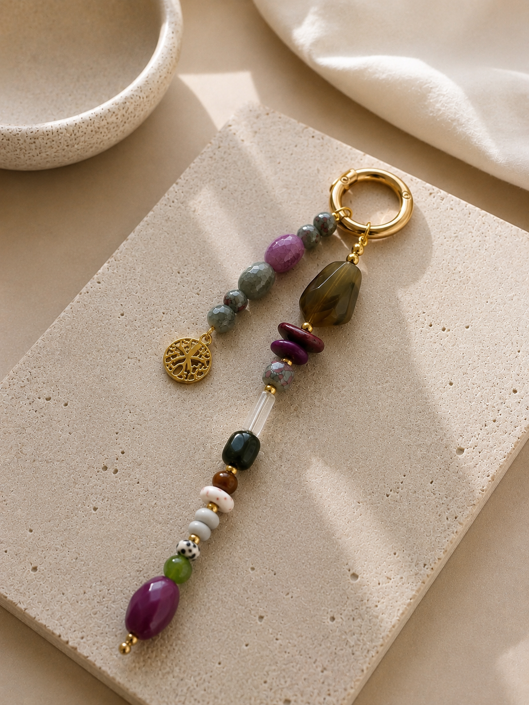 Purple Green Beaded Starfish Charm Bag Keychain with Gold Ring