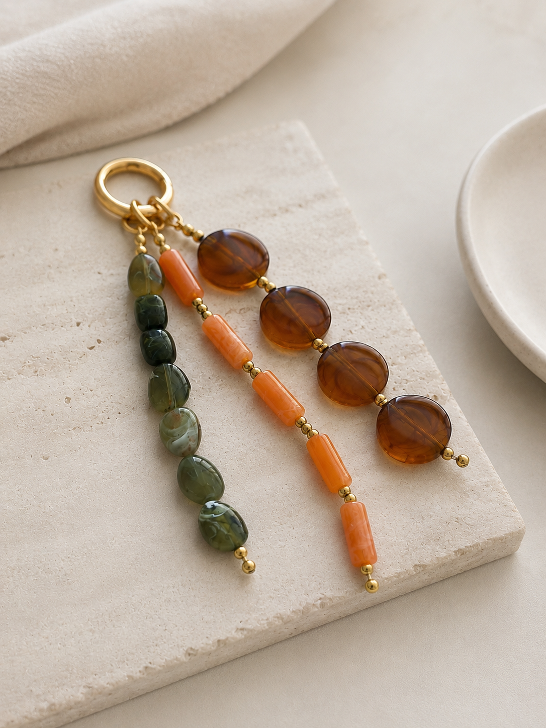 Amber Orange Green Three Strand Beaded Bag Keychain Gold Ring