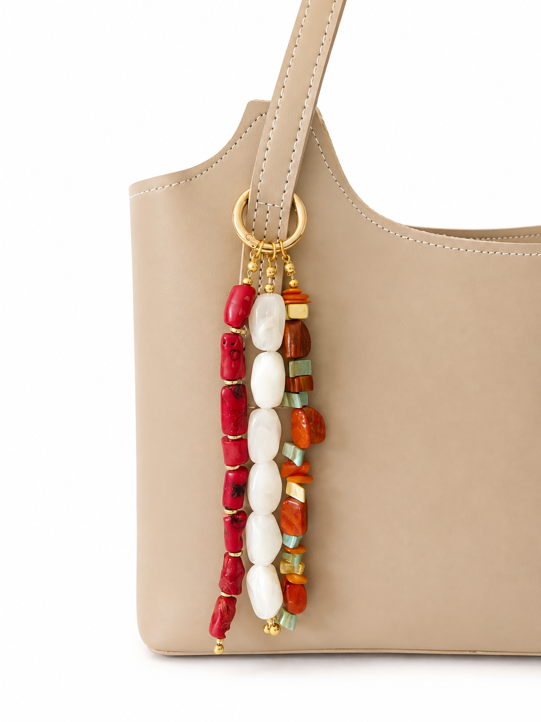 Red White Three Strand Beaded Bag Keychain with Gold Ring