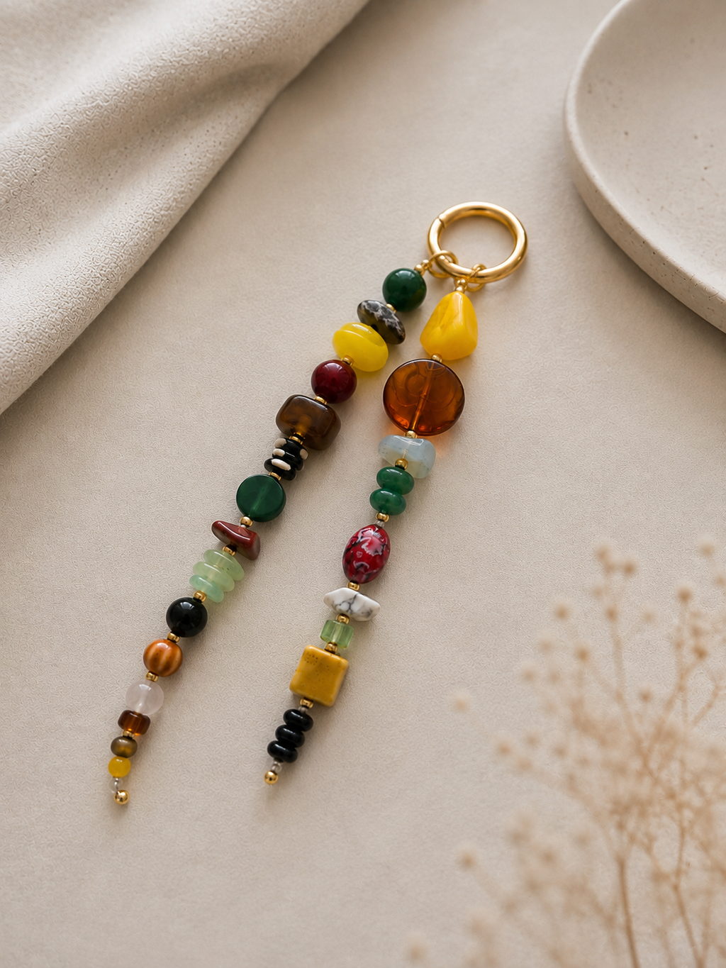 Multicolor Double Strand Beaded Bag Keychain with Gold Ring